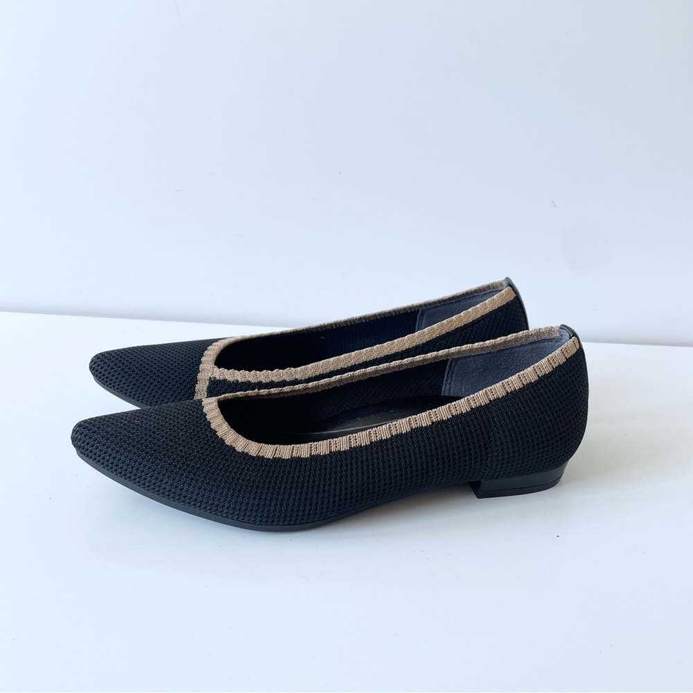 Vionic Dahlia Pointed Toe Black Tan Knit Flats Sz 6.5 Comfort Shoes Work Wear
